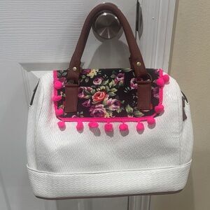 Floral White and Brown Handbag with Pink Accents bolsa artesanal mexicana
